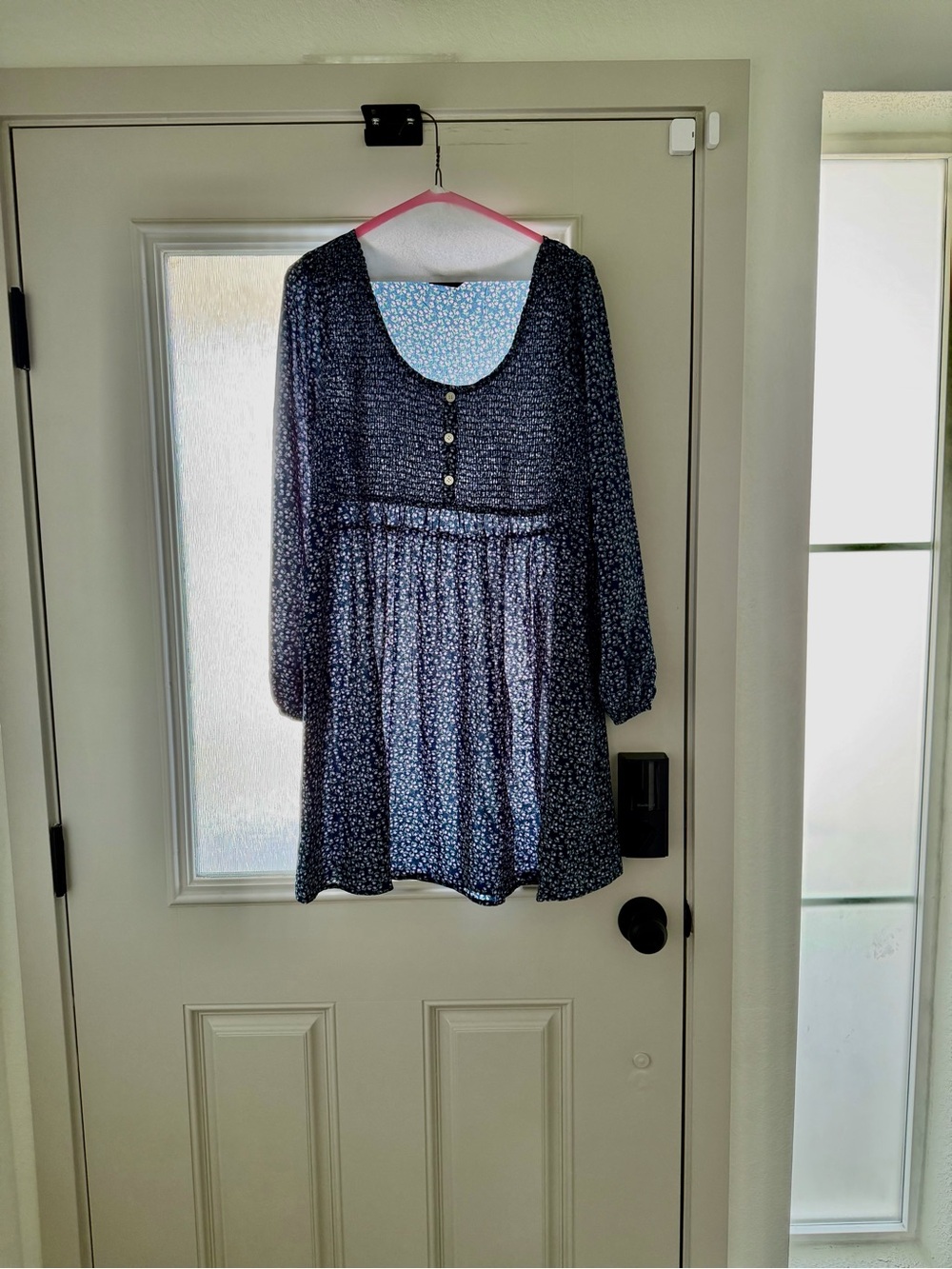 Navy Blue Floral Babydoll Dress with Buttons